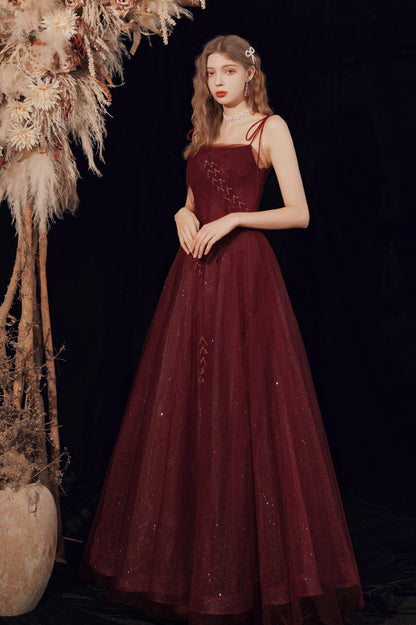 Burgundy A-Line Shiny Tulle Long Prom Dress, Lovely Lace-Up Graduation Dress