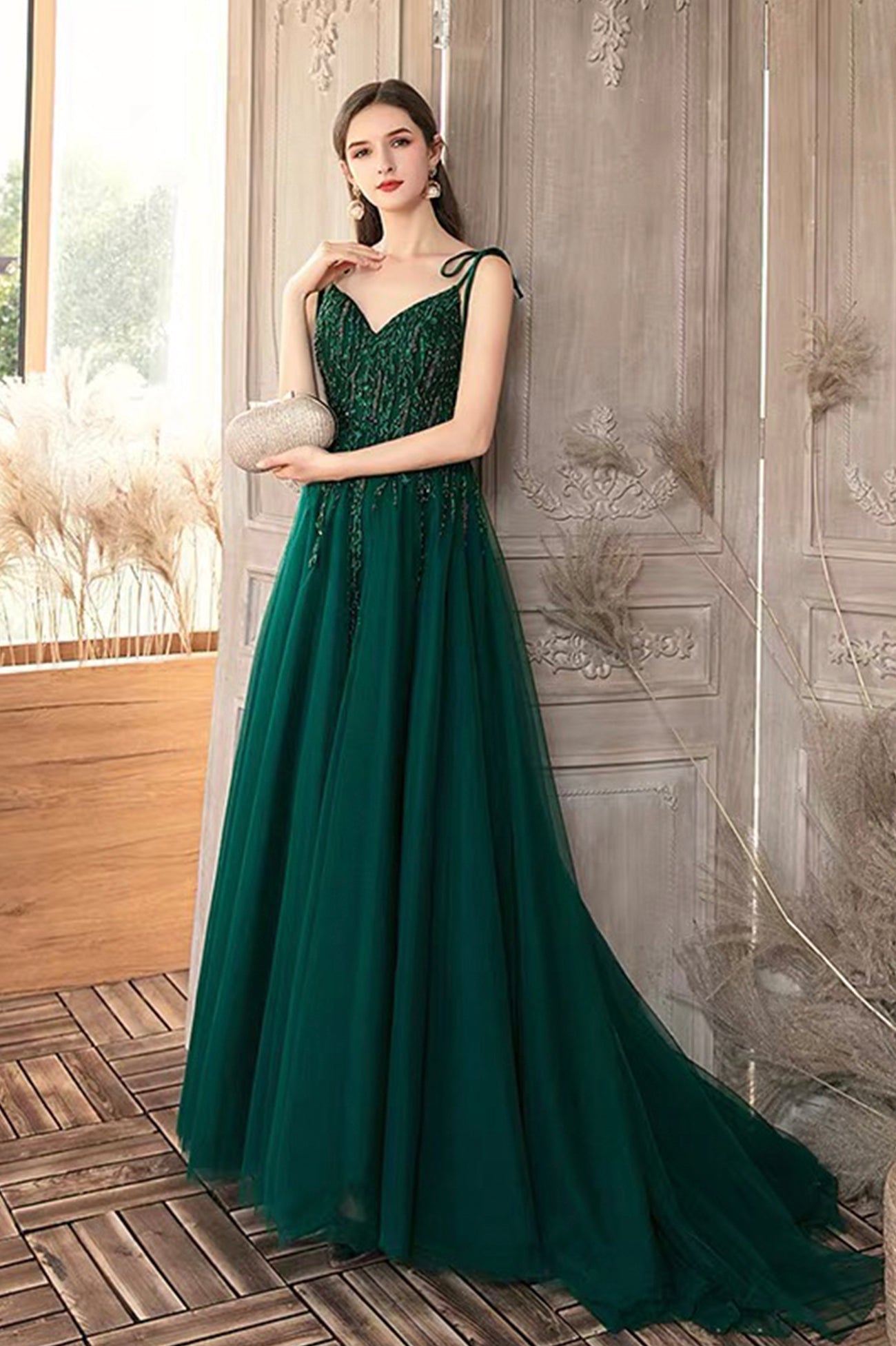 Green V-Neck Tulle Long A-Line Prom Dress, Lace Evening Party Dress