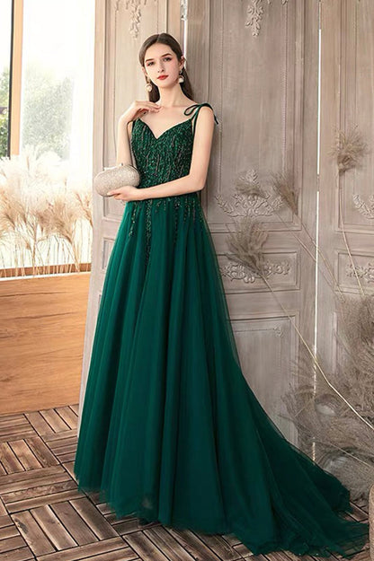 Green V-Neck Tulle Long A-Line Prom Dress, Lace Evening Party Dress