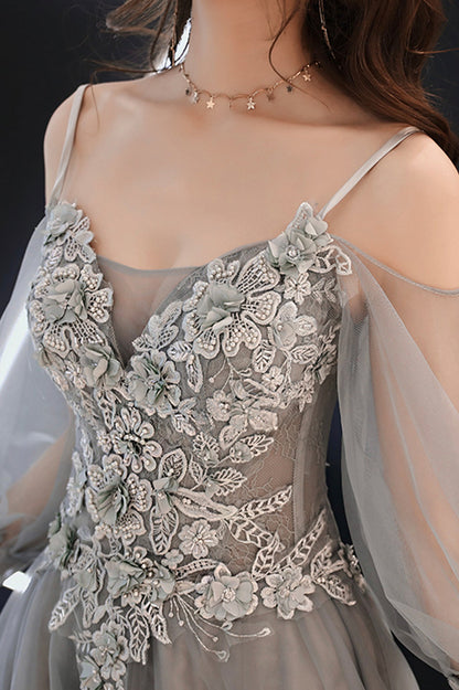 Gray Tulle Lace Long Prom Dress, A-Line Long Sleeve Evening Dress