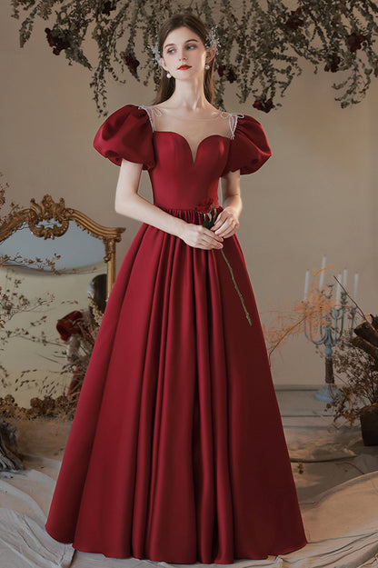 Burgundy Satin Long A-Line Prom Dress, Cute Short Sleeve Graduation Dress