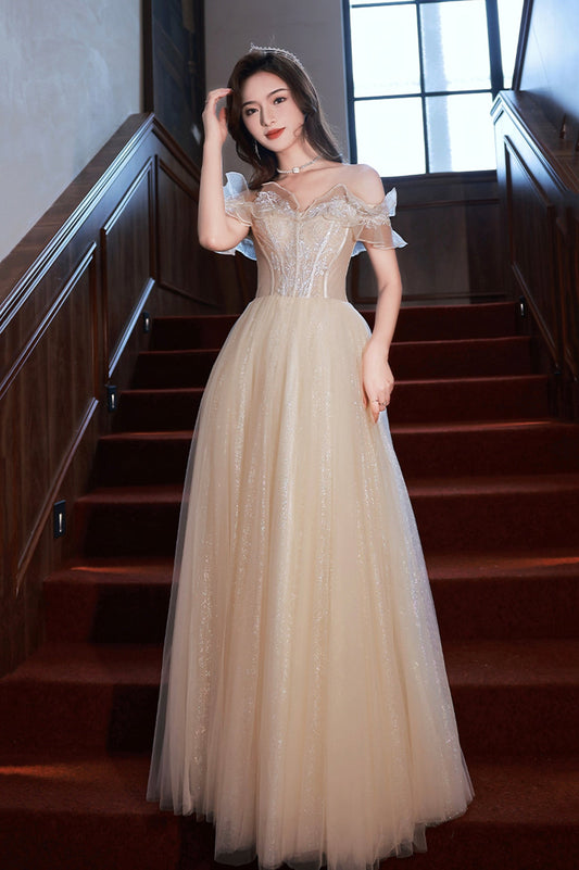 Champagne Off the Shoulder Lace Long Prom Dress, A-Line Evening Party Dress