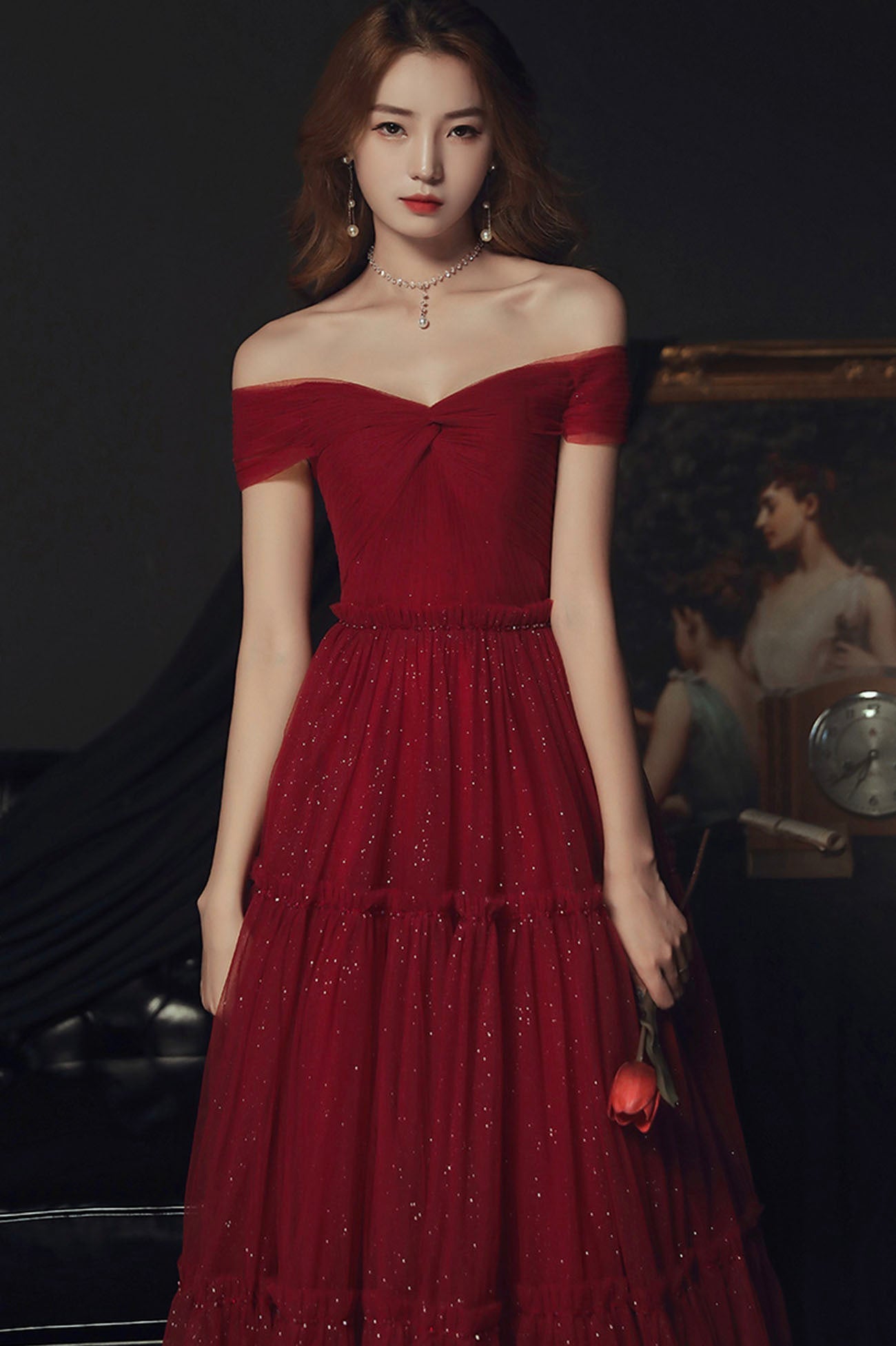 Off the Shoulder Tulle A-Line Party Dress, Burgundy Evening Graduation Dress