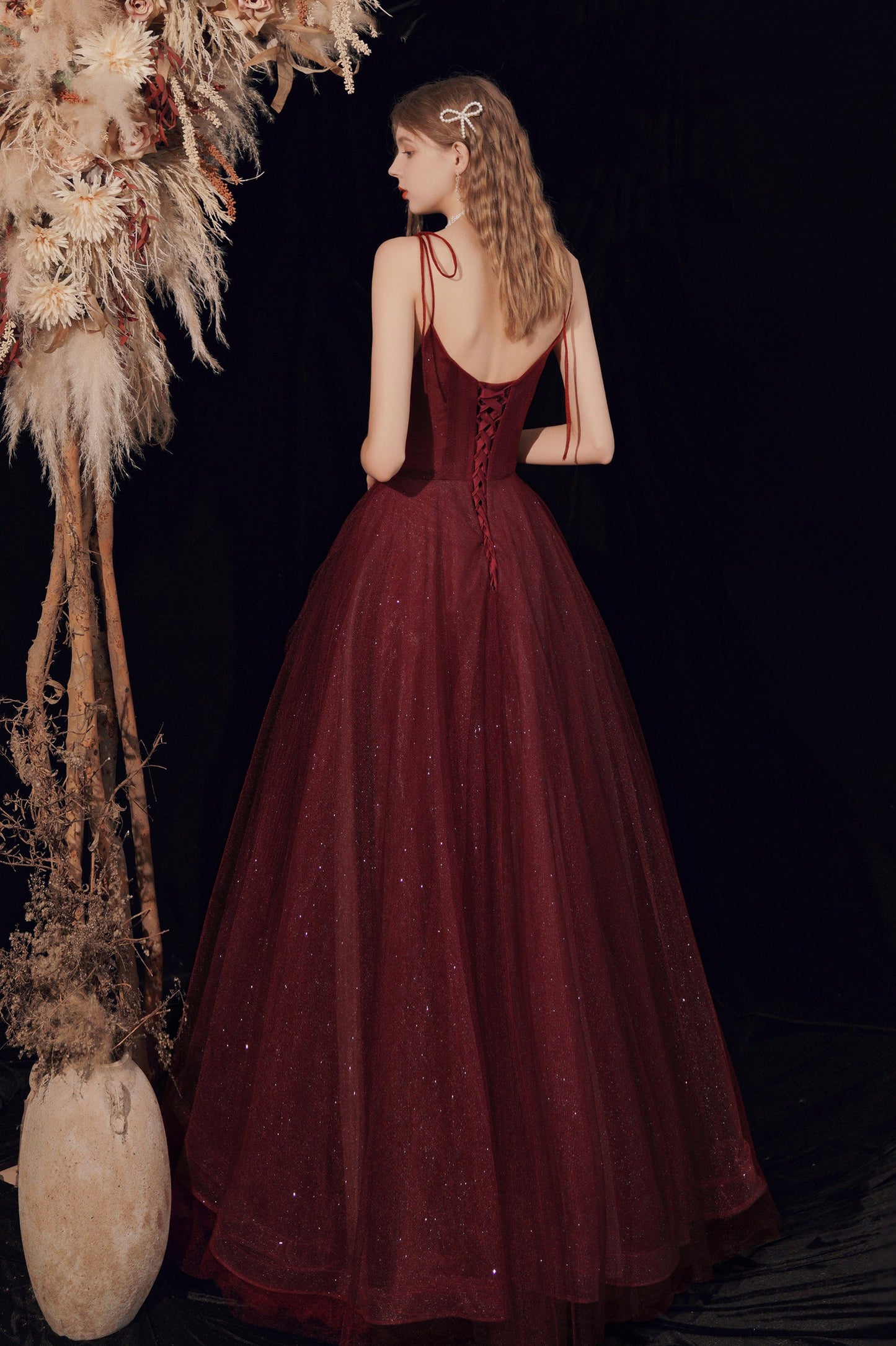 Burgundy A-Line Shiny Tulle Long Prom Dress, Lovely Lace-Up Graduation Dress