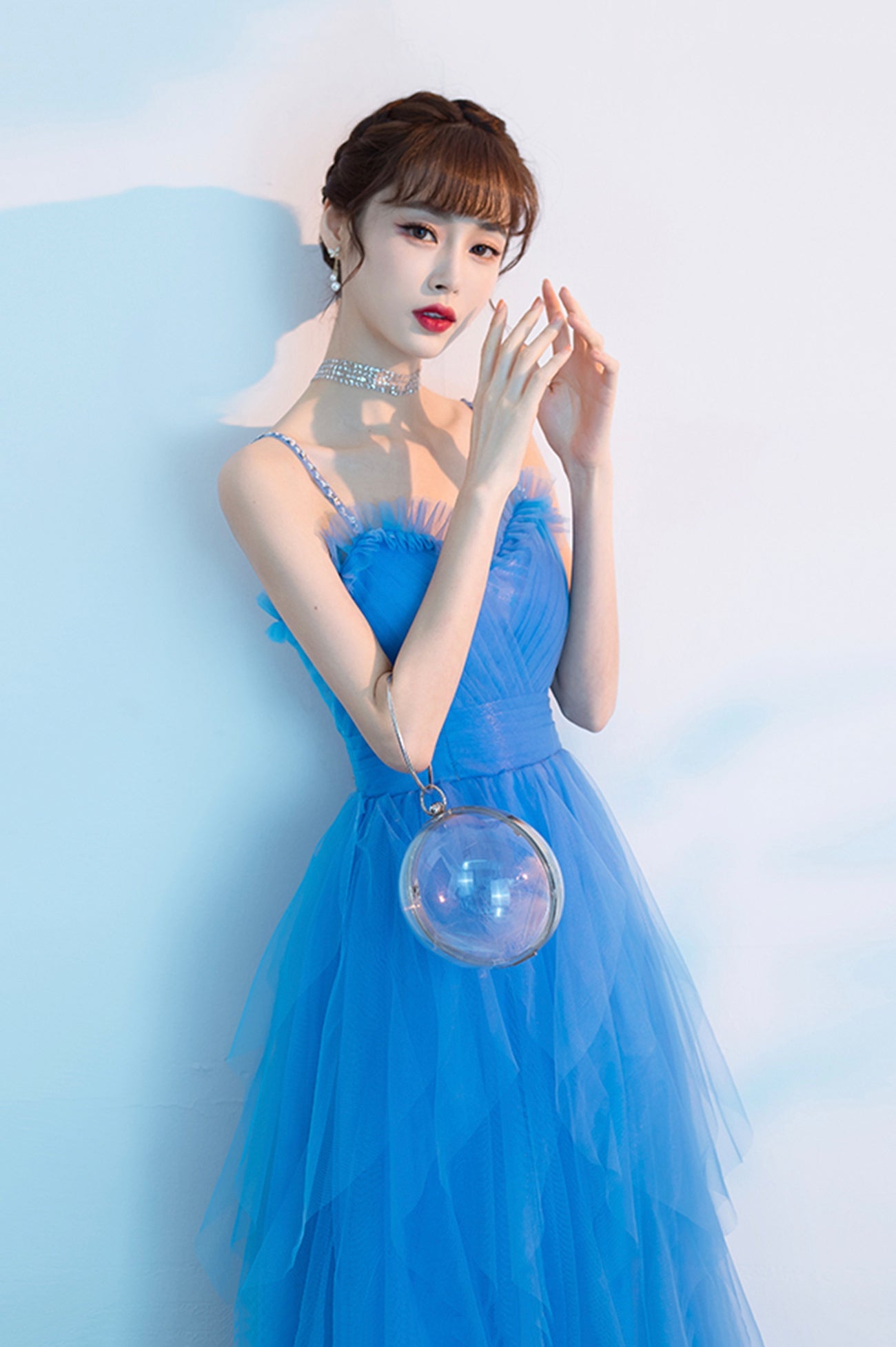 Blue Spaghetti Strap Tulle Long Prom Dress, Cute Blue Evening Party Dress