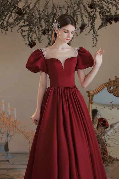 Burgundy Satin Long A-Line Prom Dress, Cute Short Sleeve Graduation Dress