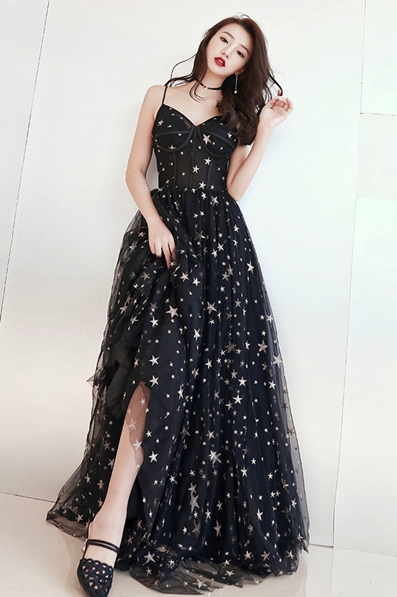 Black V-Neck Tulle Long Prom Dress, Cute A-Line Evening Dress with Stars