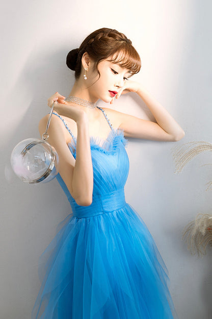 Blue Spaghetti Strap Tulle Long Prom Dress, Cute Blue Evening Party Dress