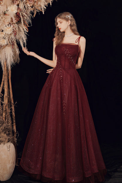 Burgundy A-Line Shiny Tulle Long Prom Dress, Lovely Lace-Up Graduation Dress