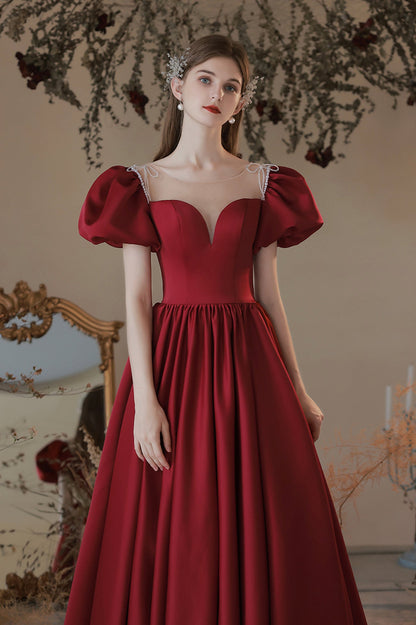 Burgundy Satin Long A-Line Prom Dress, Cute Short Sleeve Graduation Dress