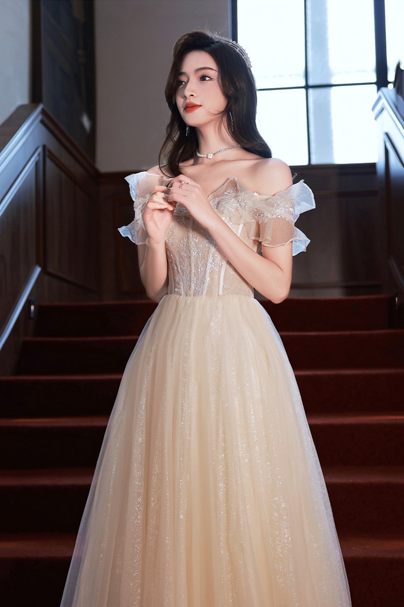 Champagne Off the Shoulder Lace Long Prom Dress, A-Line Evening Party Dress