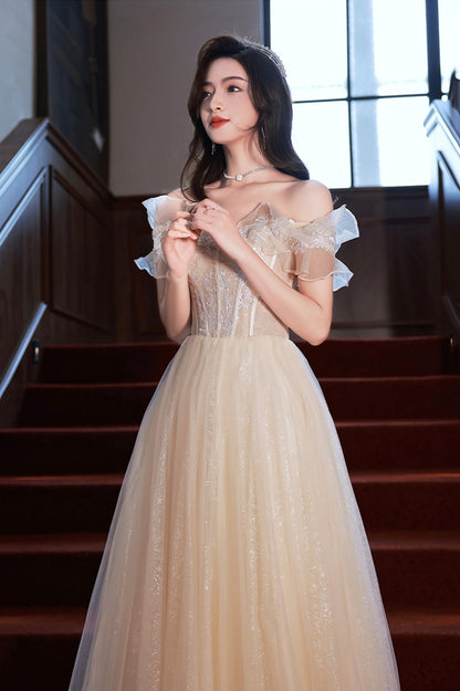 Champagne Off the Shoulder Lace Long Prom Dress, A-Line Evening Party Dress
