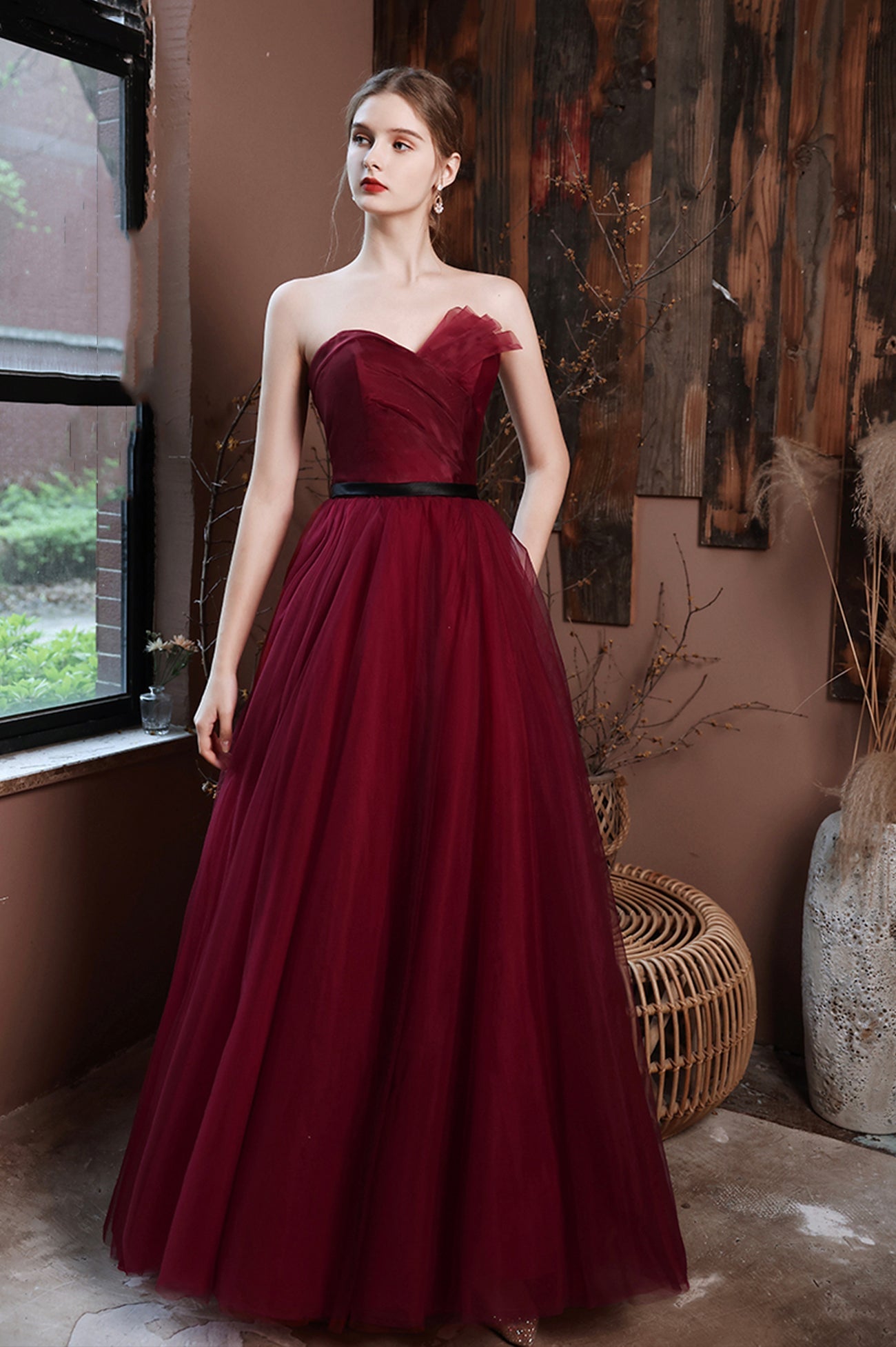 Burgundy Tulle Long A-Line Prom Dress, Burgundy Strapless Evening Party Dress