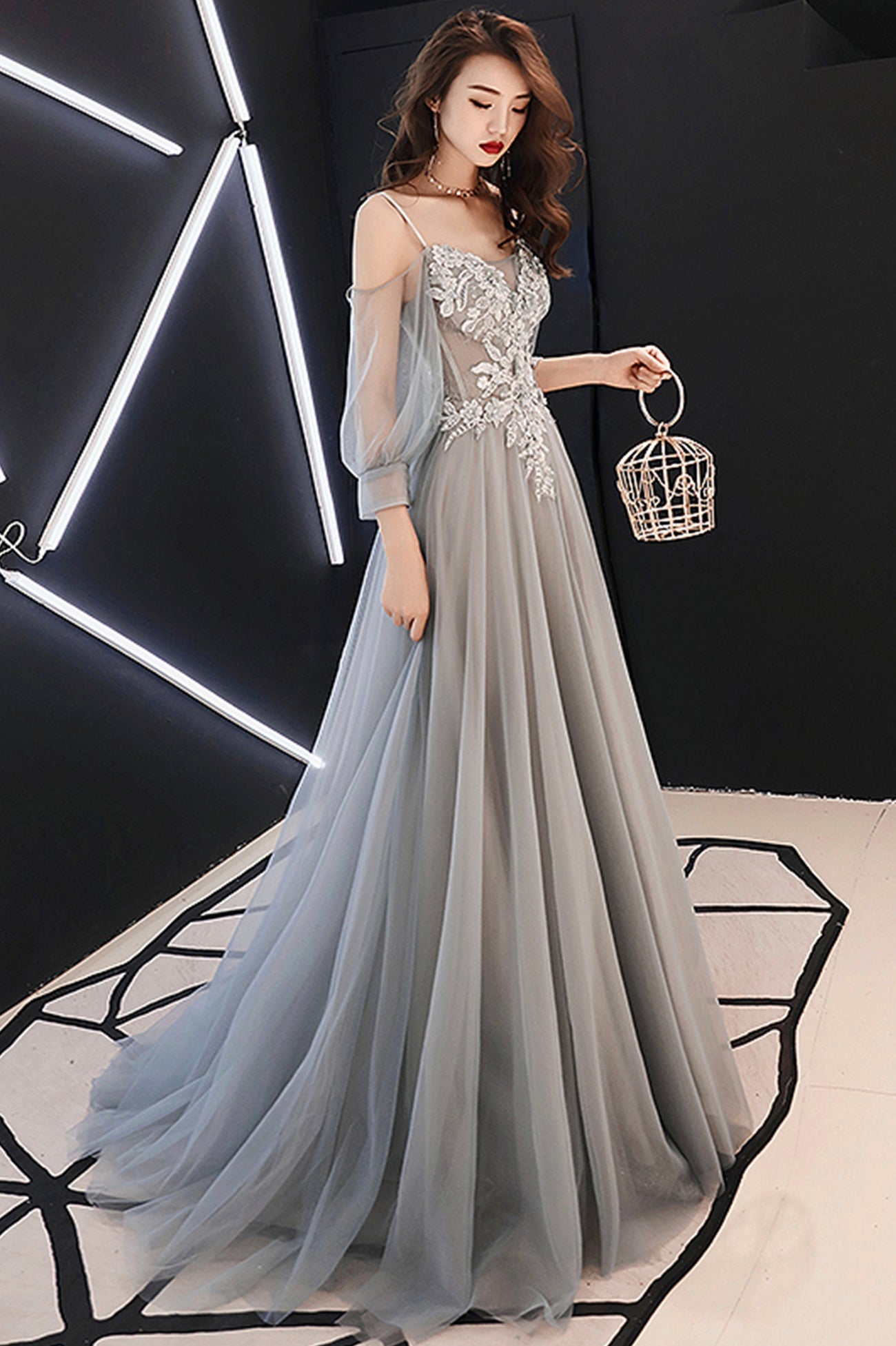Gray Tulle Lace Long Prom Dress, A-Line Long Sleeve Evening Dress