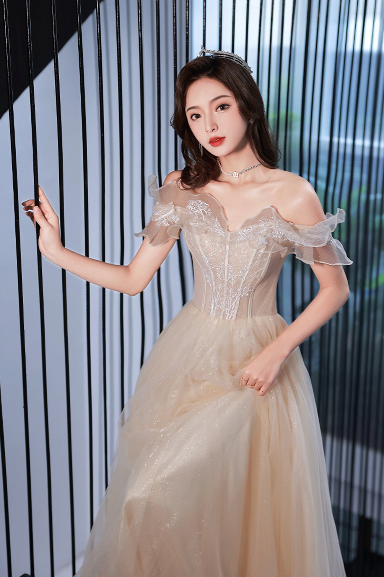 Champagne Off the Shoulder Lace Long Prom Dress, A-Line Evening Party Dress