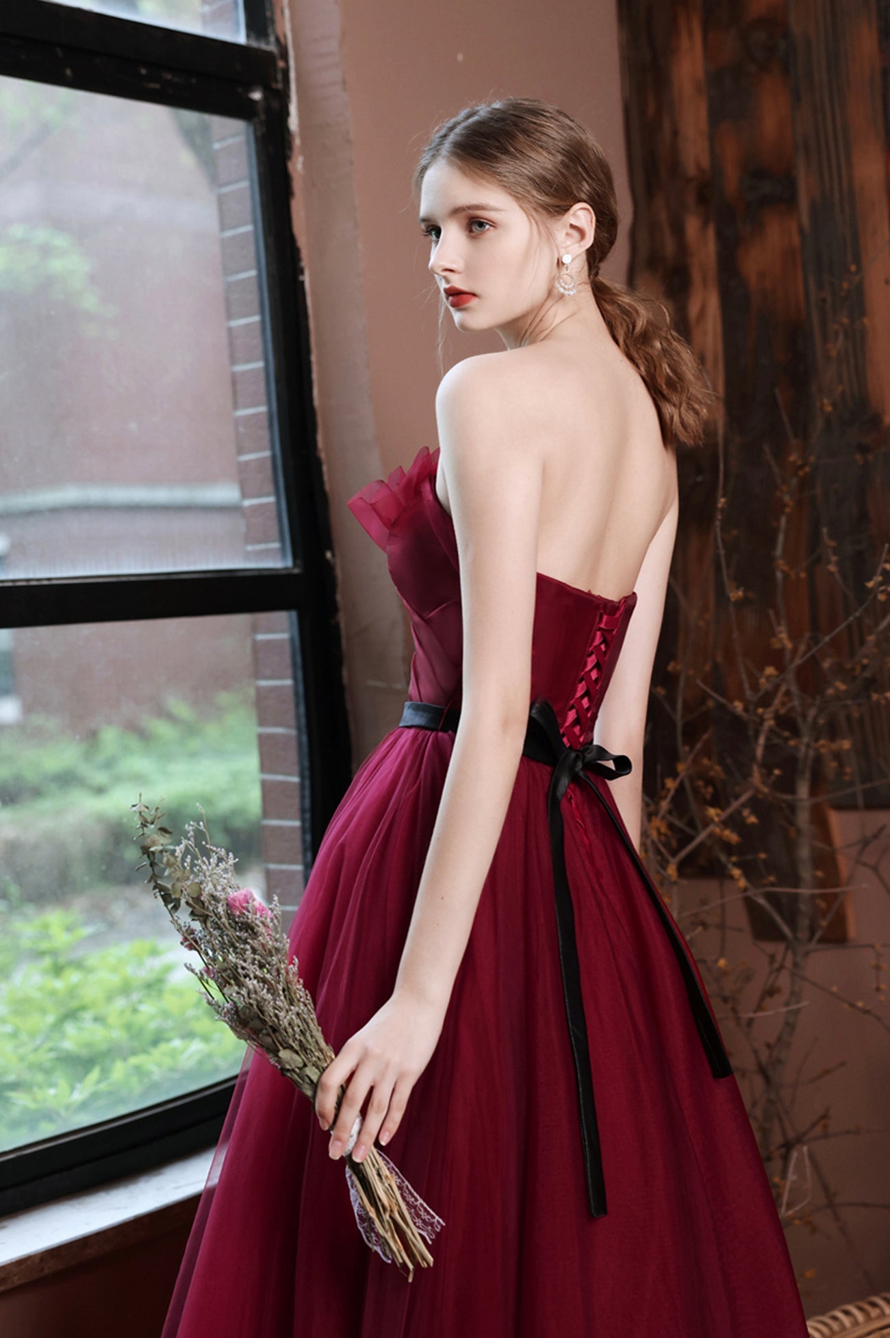 Burgundy Tulle Long A-Line Prom Dress, Burgundy Strapless Evening Party Dress