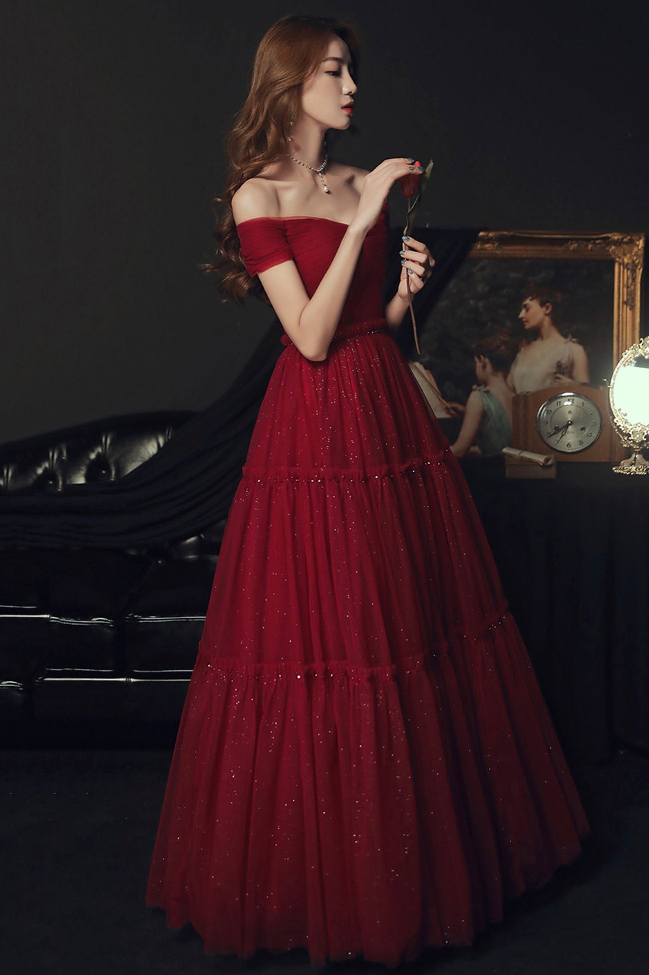 Off the Shoulder Tulle A-Line Party Dress, Burgundy Evening Graduation Dress