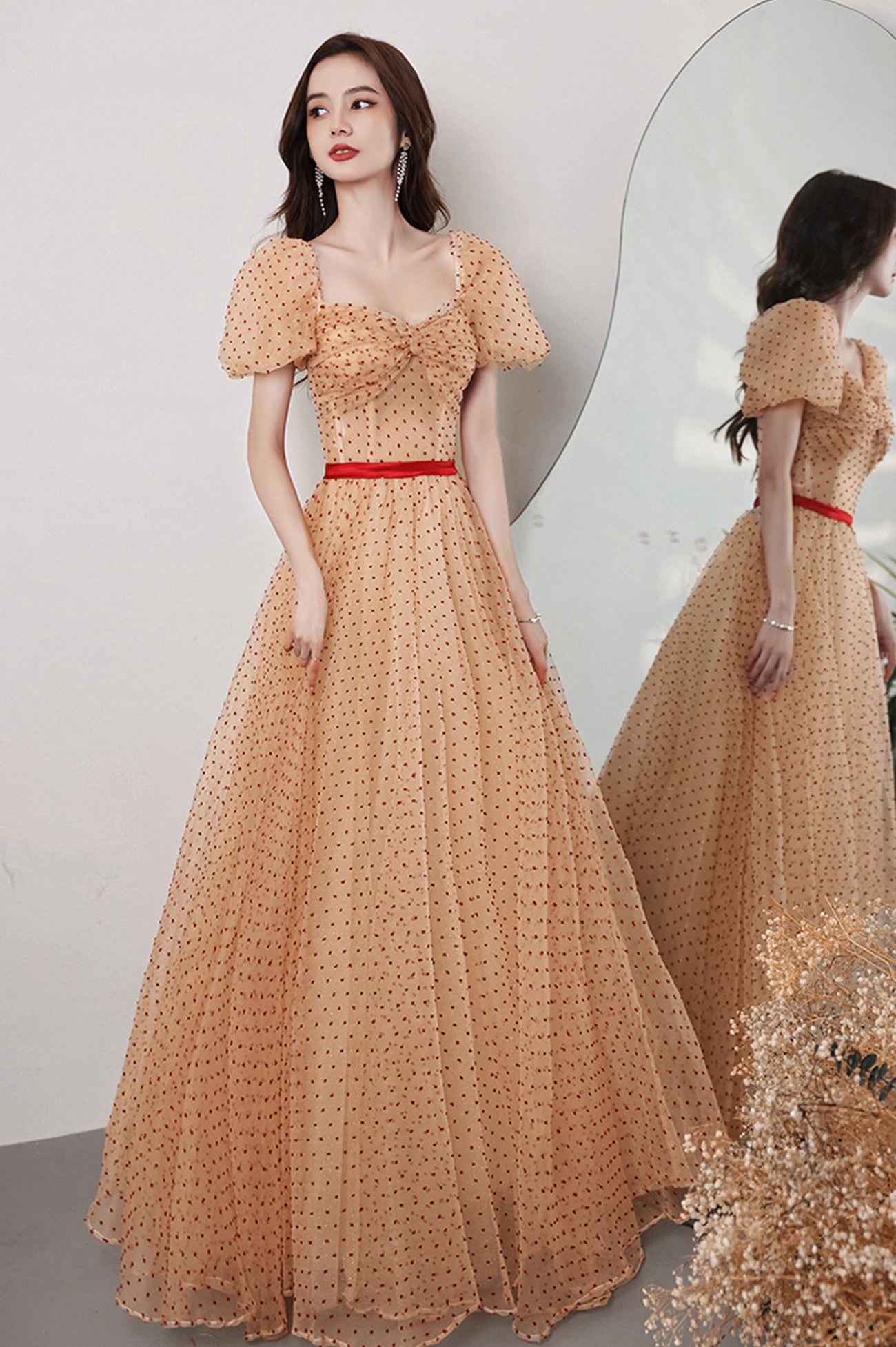 Lovely Tulle Polka Dot Long Prom Dress, A-Line Short Sleeve Evening Dress