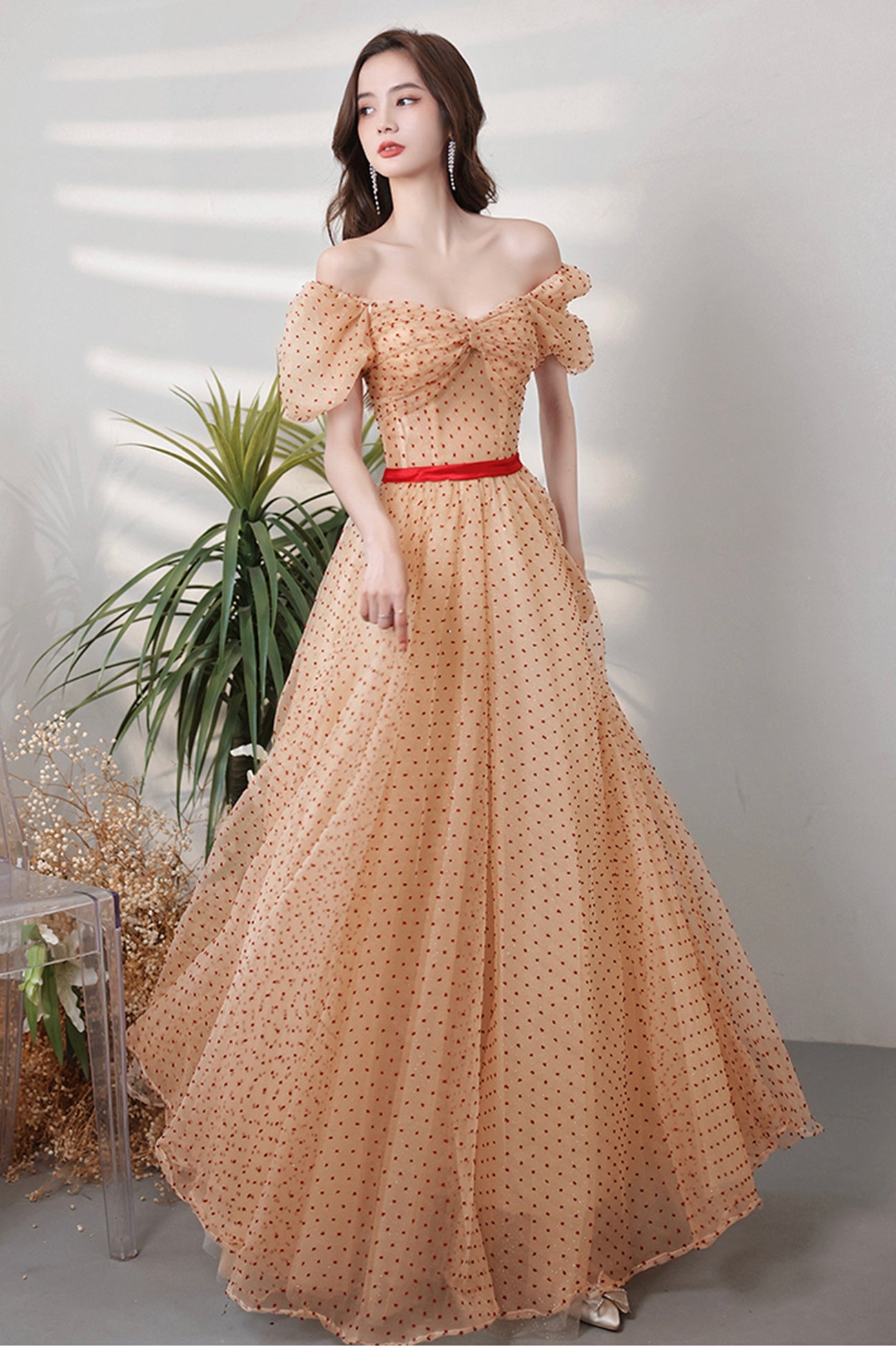Lovely Tulle Polka Dot Long Prom Dress, A-Line Short Sleeve Evening Dress