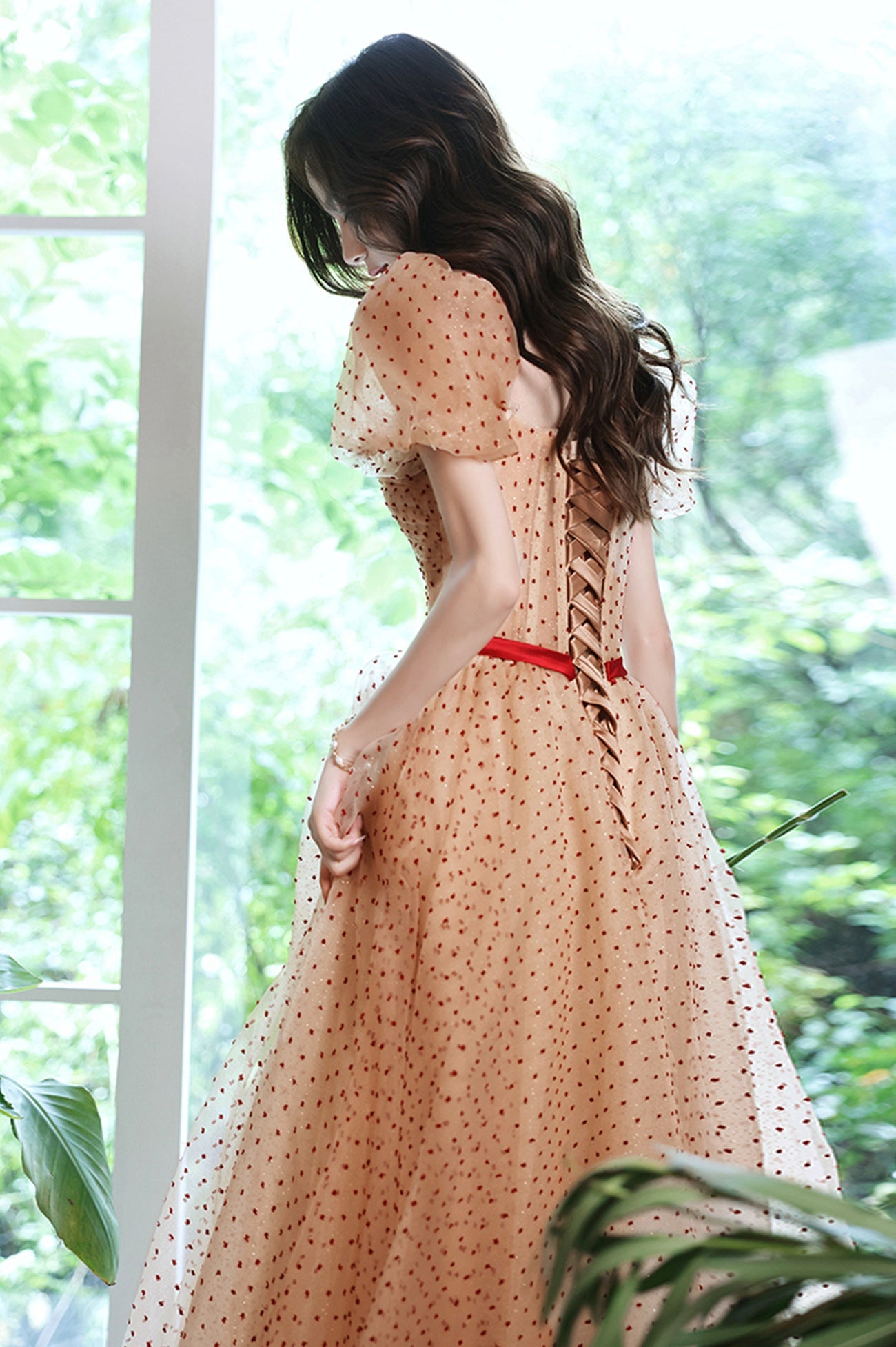 Lovely Tulle Polka Dot Long Prom Dress, A-Line Short Sleeve Evening Dress
