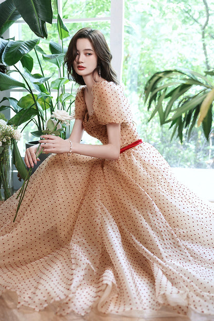 Lovely Tulle Polka Dot Long Prom Dress, A-Line Short Sleeve Evening Dress