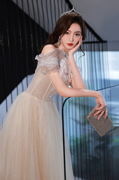 Champagne Off the Shoulder Lace Long Prom Dress, A-Line Evening Party Dress