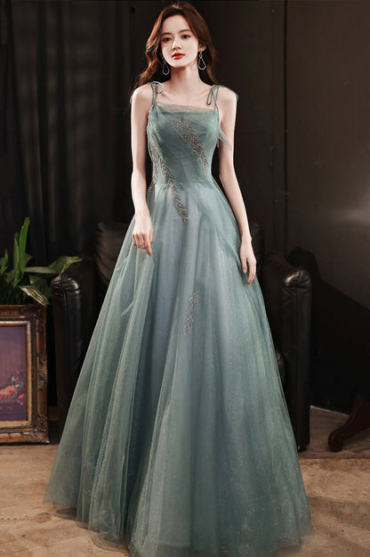 Beautiful Green Tulle Long Prom Dress, A-Line Spaghetti Straps Evening Dress