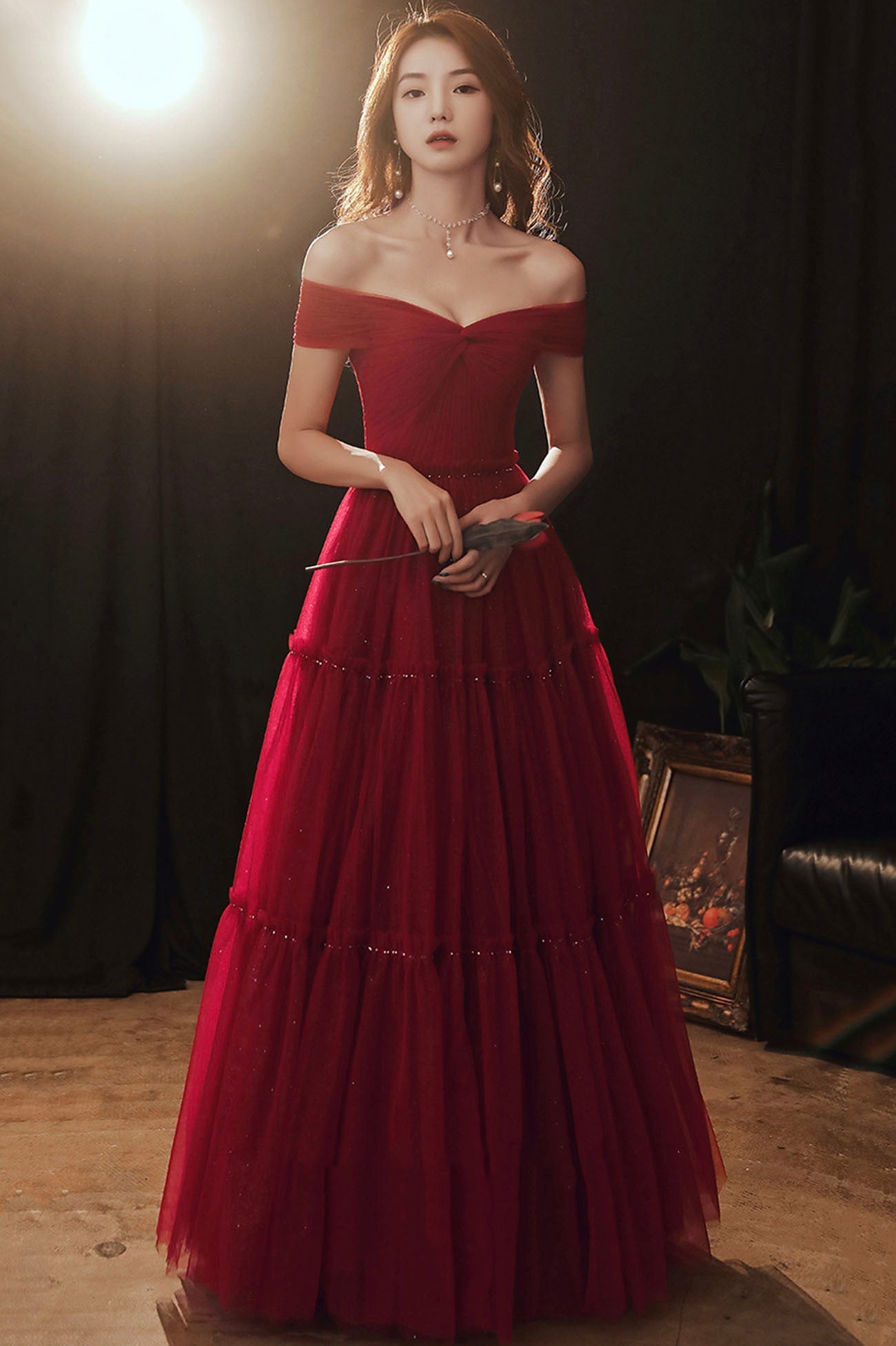 Off the Shoulder Tulle A-Line Party Dress, Burgundy Evening Graduation Dress