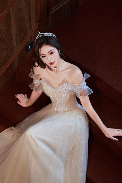 Champagne Off the Shoulder Lace Long Prom Dress, A-Line Evening Party Dress
