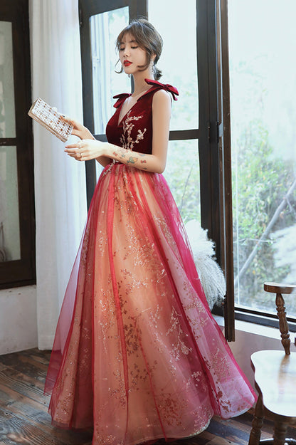 Burgundy V-Neck Velvet Long Prom Dress, A-Line Evening Party Dress