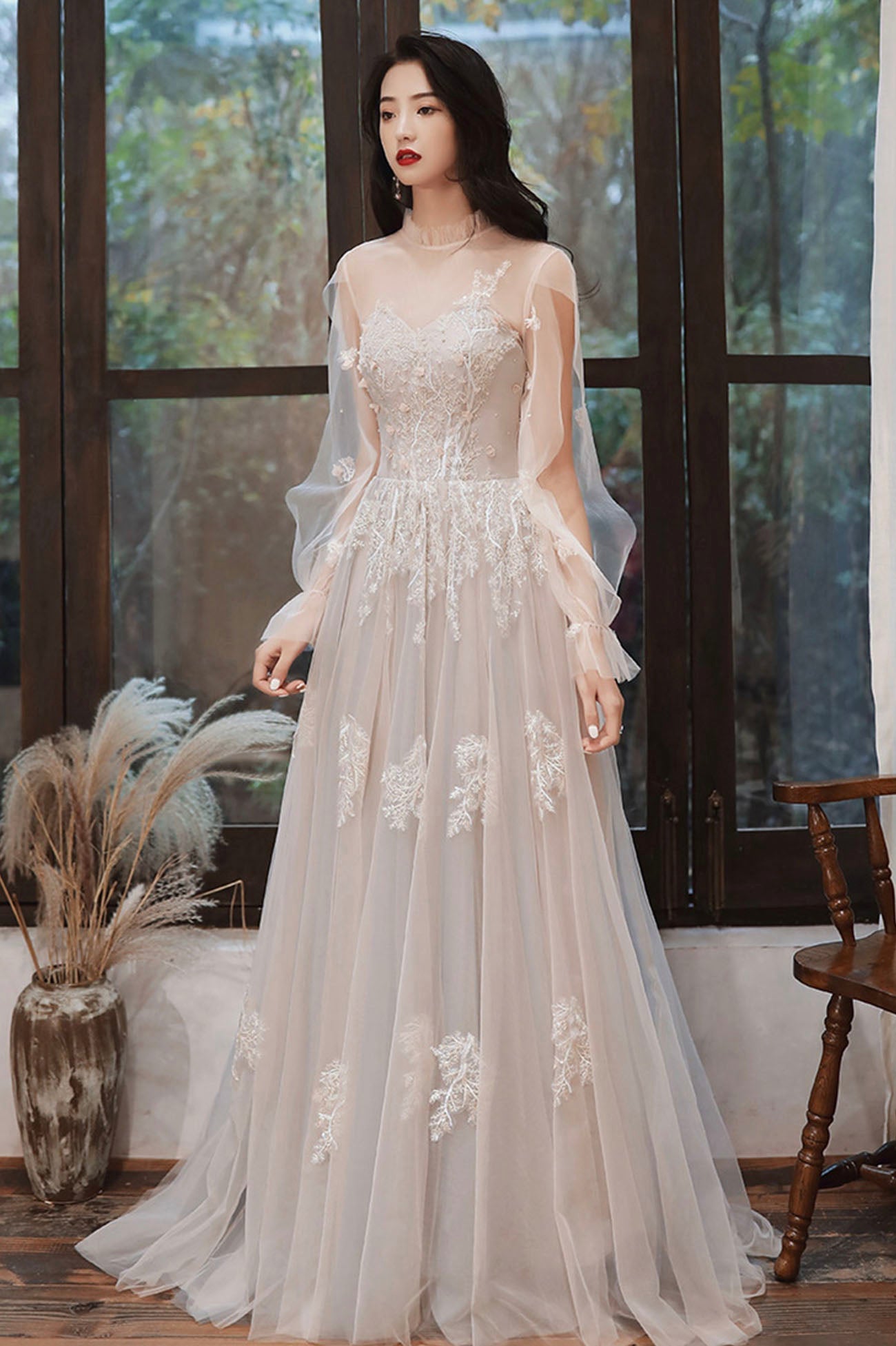 Cute A-Line Lace Floor Length Prom Dress, Long Sleeve Evening Party Dress