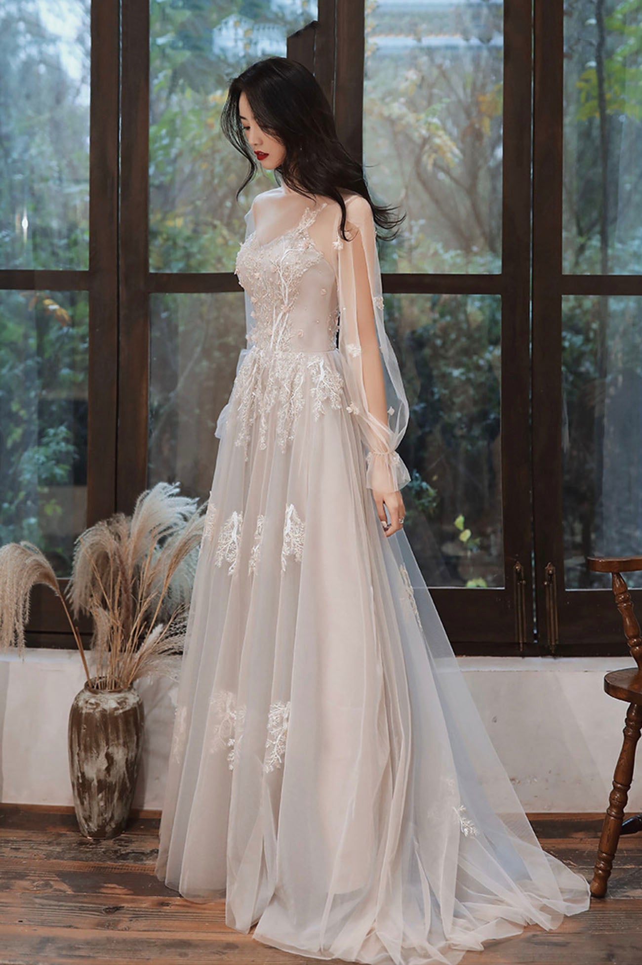 Cute A-Line Lace Floor Length Prom Dress, Long Sleeve Evening Party Dress