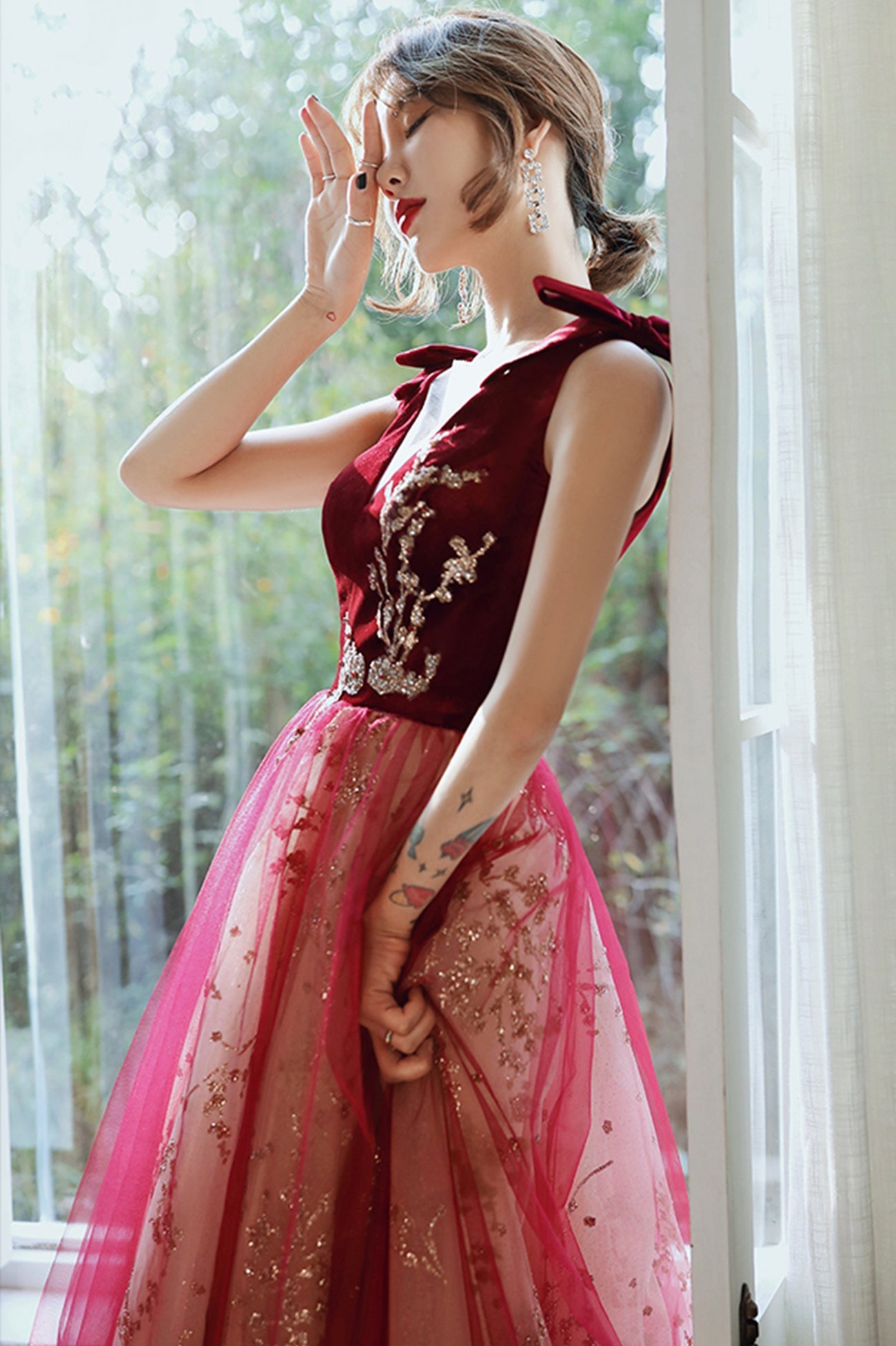 Burgundy V-Neck Velvet Long Prom Dress, A-Line Evening Party Dress