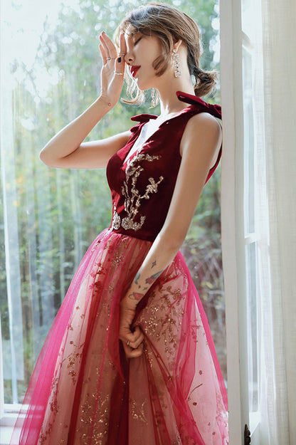 Burgundy V-Neck Velvet Long Prom Dress, A-Line Evening Party Dress