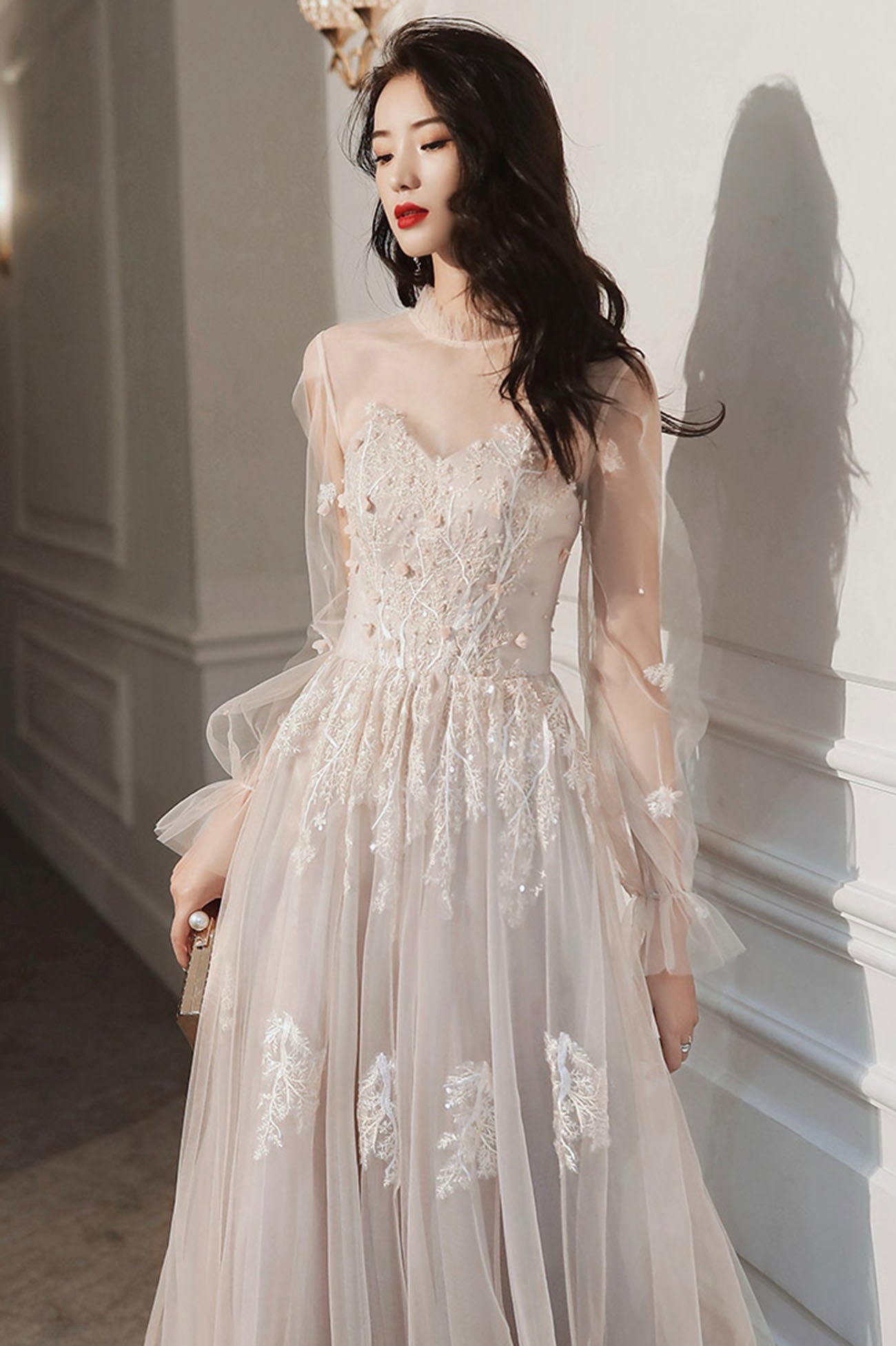 Cute A-Line Lace Floor Length Prom Dress, Long Sleeve Evening Party Dress