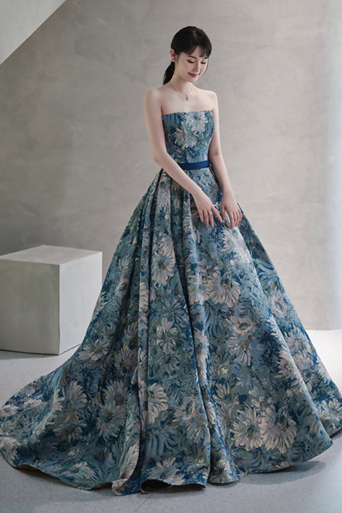 Blue Printed Strapless Ball Gown, A-Line Off the Shoulder Formal Dress