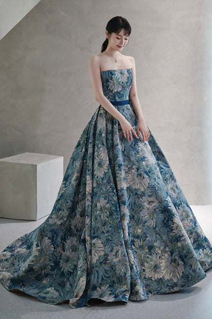 Blue Printed Strapless Ball Gown, A-Line Off the Shoulder Formal Dress