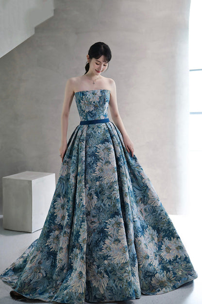Blue Printed Strapless Ball Gown, A-Line Off the Shoulder Formal Dress