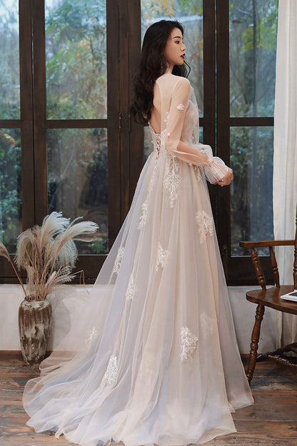 Cute A-Line Lace Floor Length Prom Dress, Long Sleeve Evening Party Dress