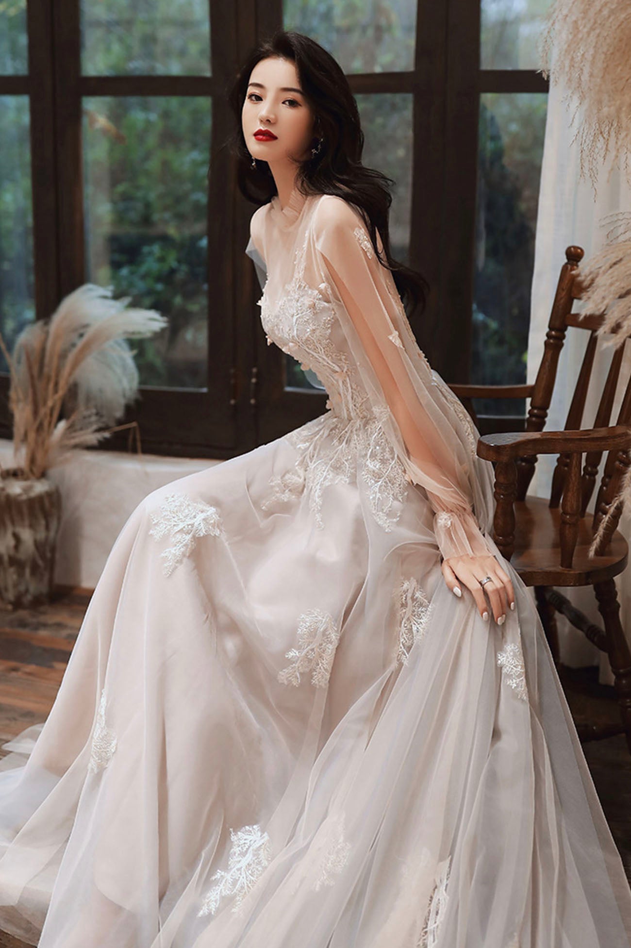 Cute A-Line Lace Floor Length Prom Dress, Long Sleeve Evening Party Dress