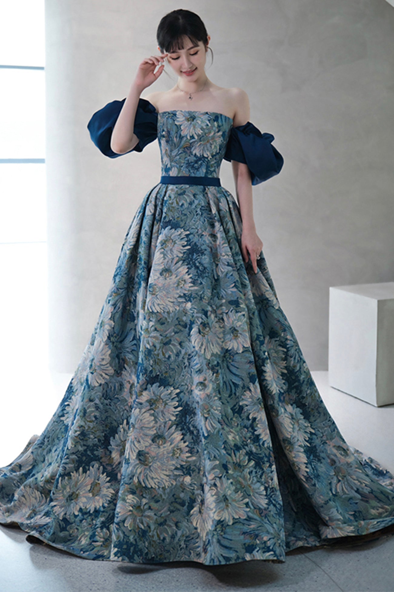 Blue Printed Strapless Ball Gown, A-Line Off the Shoulder Formal Dress