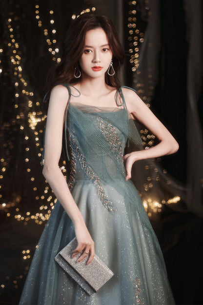 Beautiful Green Tulle Long Prom Dress, A-Line Spaghetti Straps Evening Dress