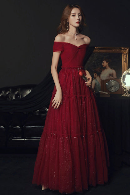 Off the Shoulder Tulle A-Line Party Dress, Burgundy Evening Graduation Dress
