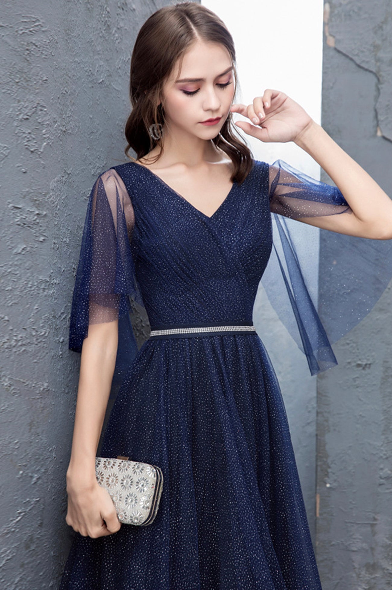 Blue Tulle Long A-Line Prom Dress, Cute V-Neck Graduation Dress