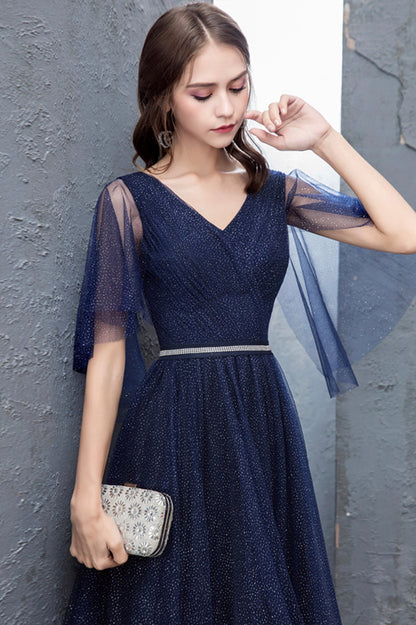 Blue Tulle Long A-Line Prom Dress, Cute V-Neck Graduation Dress