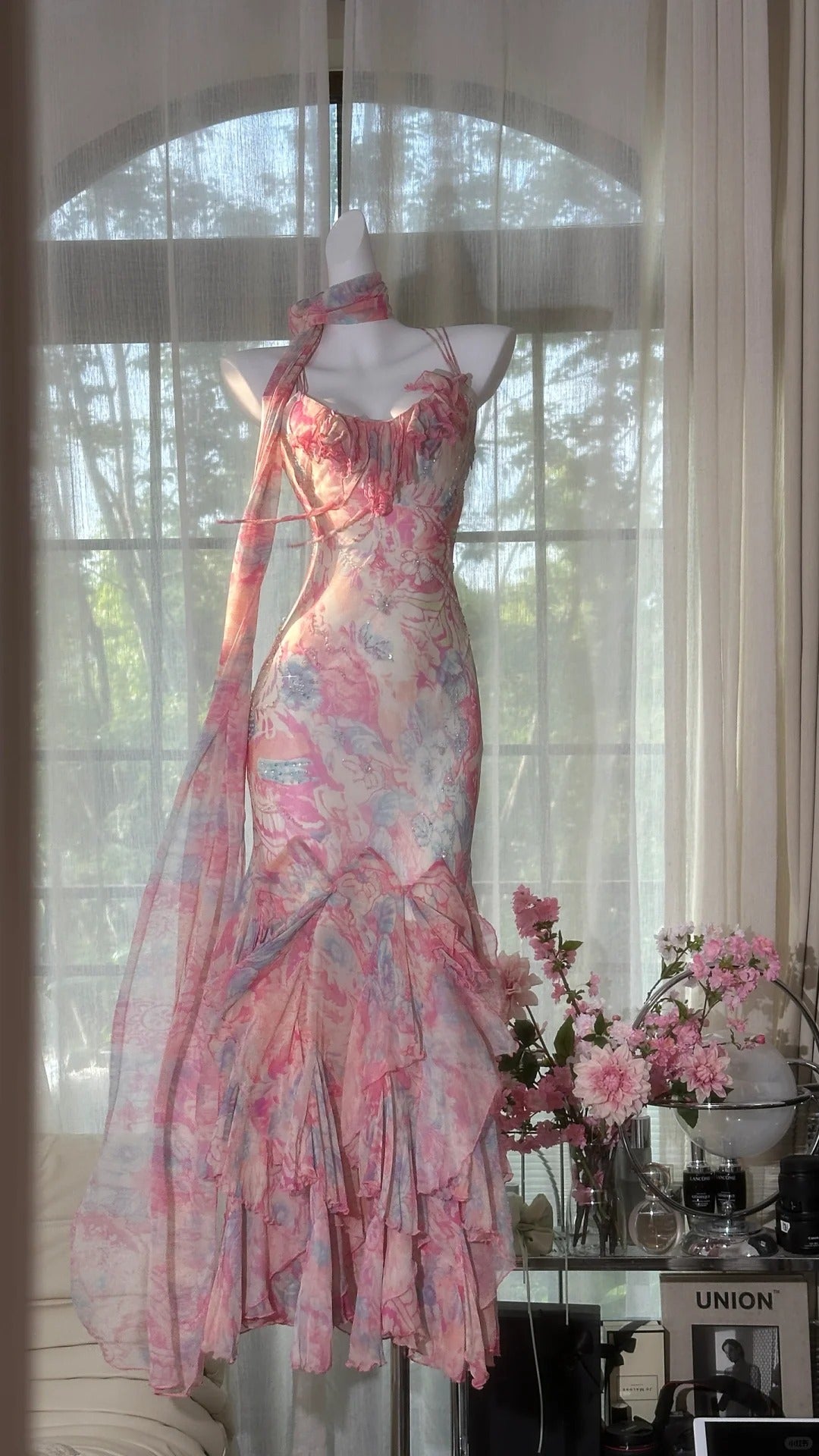 Pink Floral Elegant Romantic Long Chiffon Ball Gown Evening Dress Party Dress gh4403