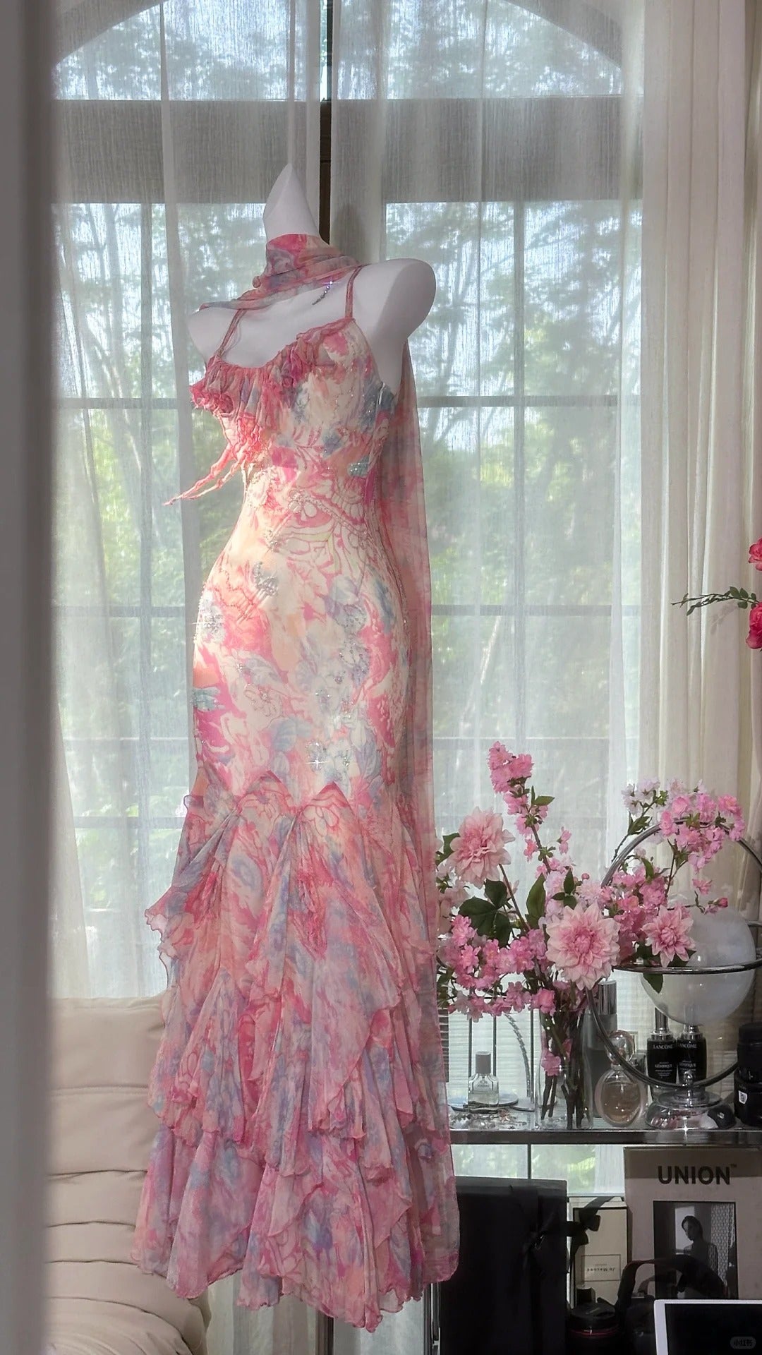 Pink Floral Elegant Romantic Long Chiffon Ball Gown Evening Dress Party Dress gh4403