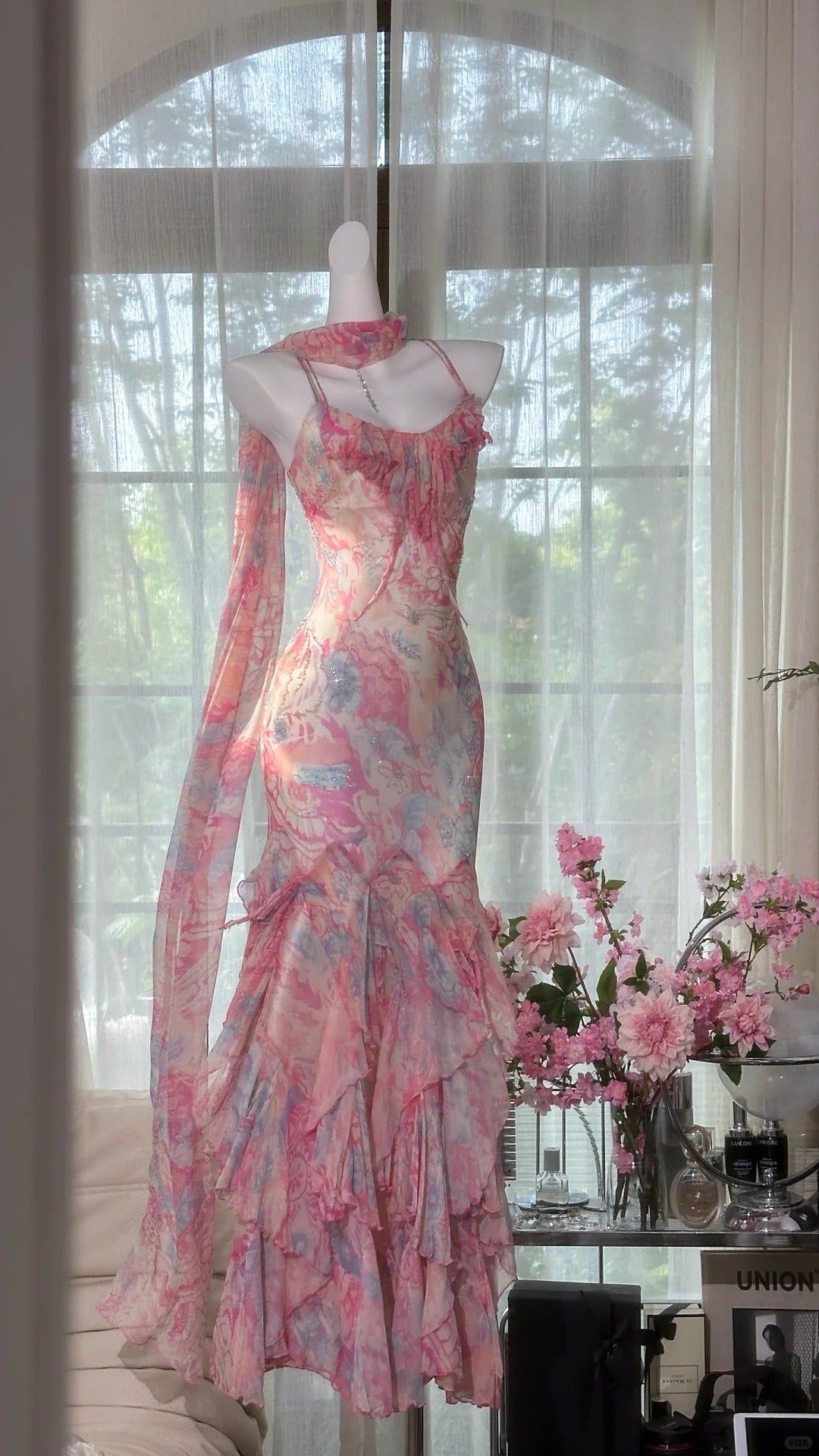 Pink Floral Elegant Romantic Long Chiffon Ball Gown Evening Dress Party Dress gh4403