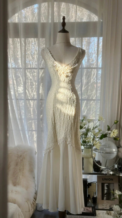 Ivory White Romantic Fashion Elegant Exquisite Lace Long Chiffon Ball Gown Evening Dress Birthday/Wedding Guest/Holiday Party Dress Prom Dress Valentine's Day Date Dress gh4028