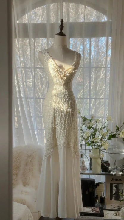Ivory White Romantic Fashion Elegant Exquisite Lace Long Chiffon Ball Gown Evening Dress Birthday/Wedding Guest/Holiday Party Dress Prom Dress Valentine's Day Date Dress gh4028